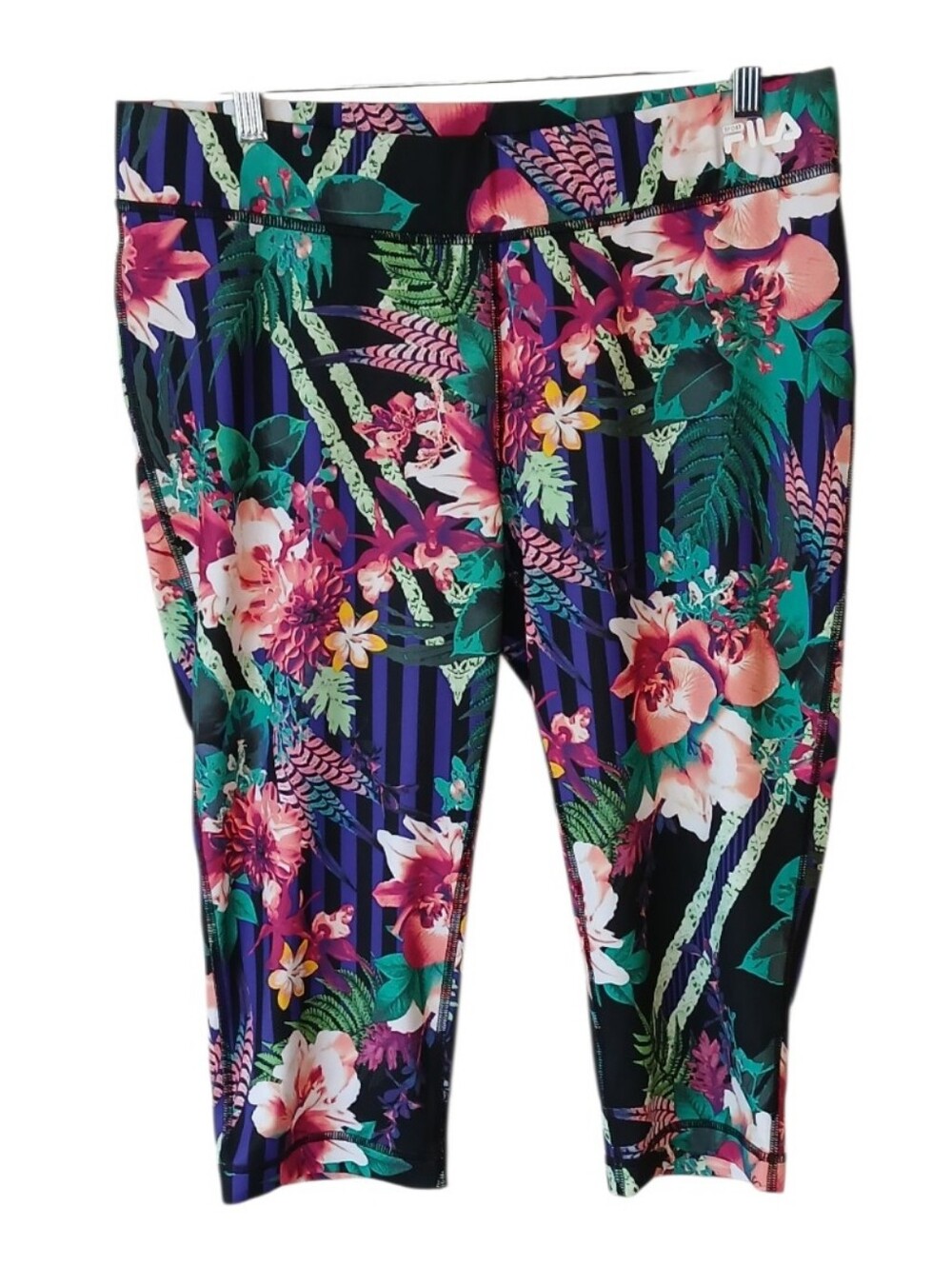 FILA Sport Running Floral Stripe Print Cropped Capri Active Leggings Size Large